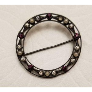 Vintage Silver Rhinestone Pearl Brooch Pin Round Antiqued Scarf Hat SC402